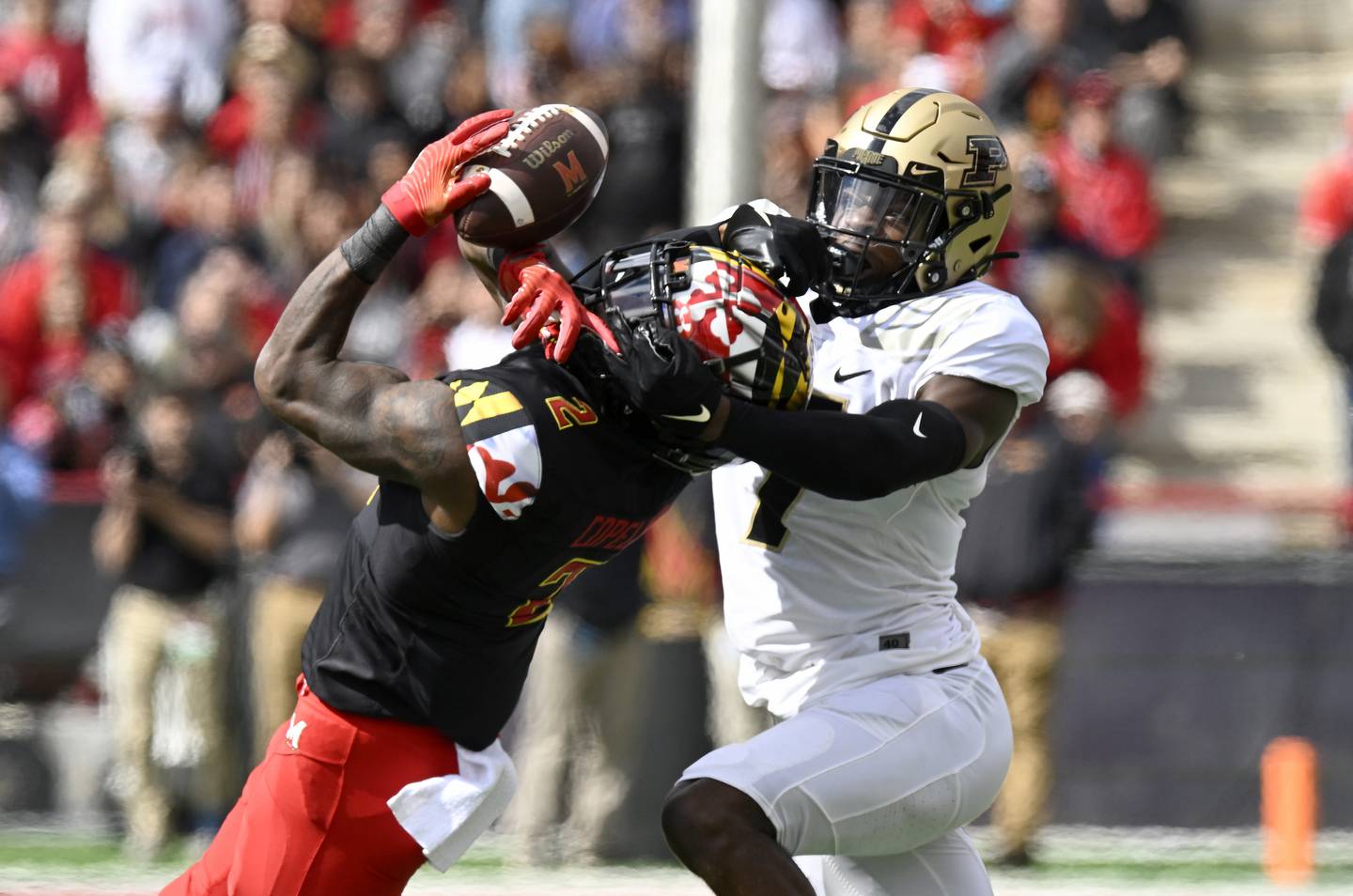 Jacob Copeland of the Maryland Terrapins makes a catch in the second quarter against Jamari Brown of the Purdue Boilermakers at SECU Stadium on in College Park.