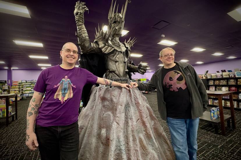 Paul Butler (left), Jeff Hall (right), and Sauron at Games and Stuff in Glen Burnie.
