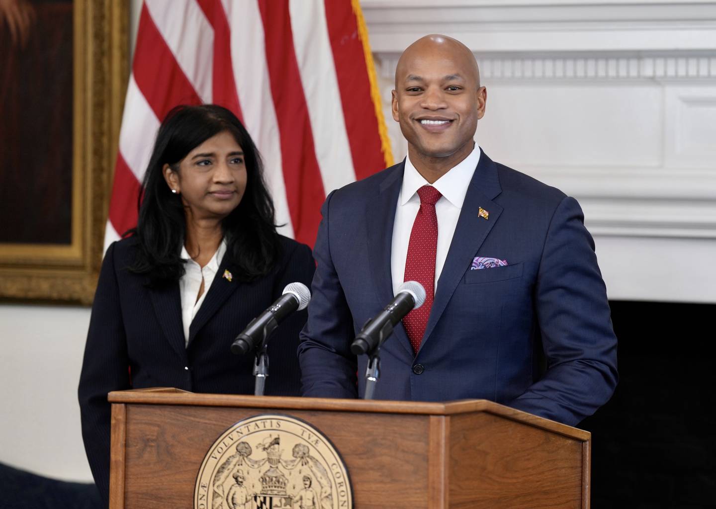 Maryland Gov. Wes Moore, with Lieutenant Governor Aruna Miller, unveils his first proposed budget, which will cover the budget year from July 1, 2023 through June 30, 2024 at the Maryland State House in Annapolis, MD on January 20, 2023.