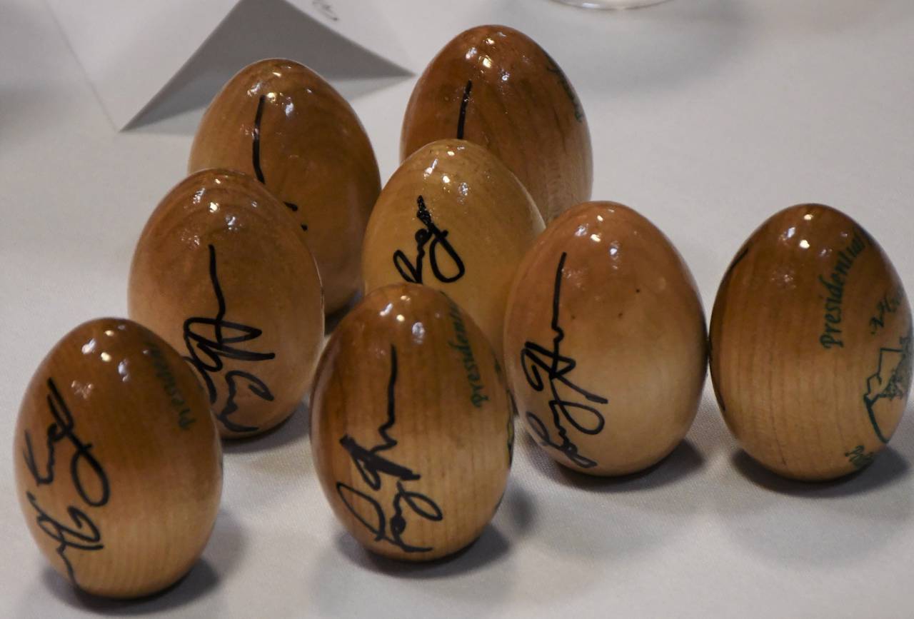 Maryland Gov. Larry Hogan's autograph adorns wooden eggs, which are a signature tradition at Politics & Eggs, a political speakers series at St. Anselm College in Manchester, N.H. Hogan, who is weighing a run for president in 2024, spoke at Politics & Eggs on Thursday, Oct. 6, 2022.