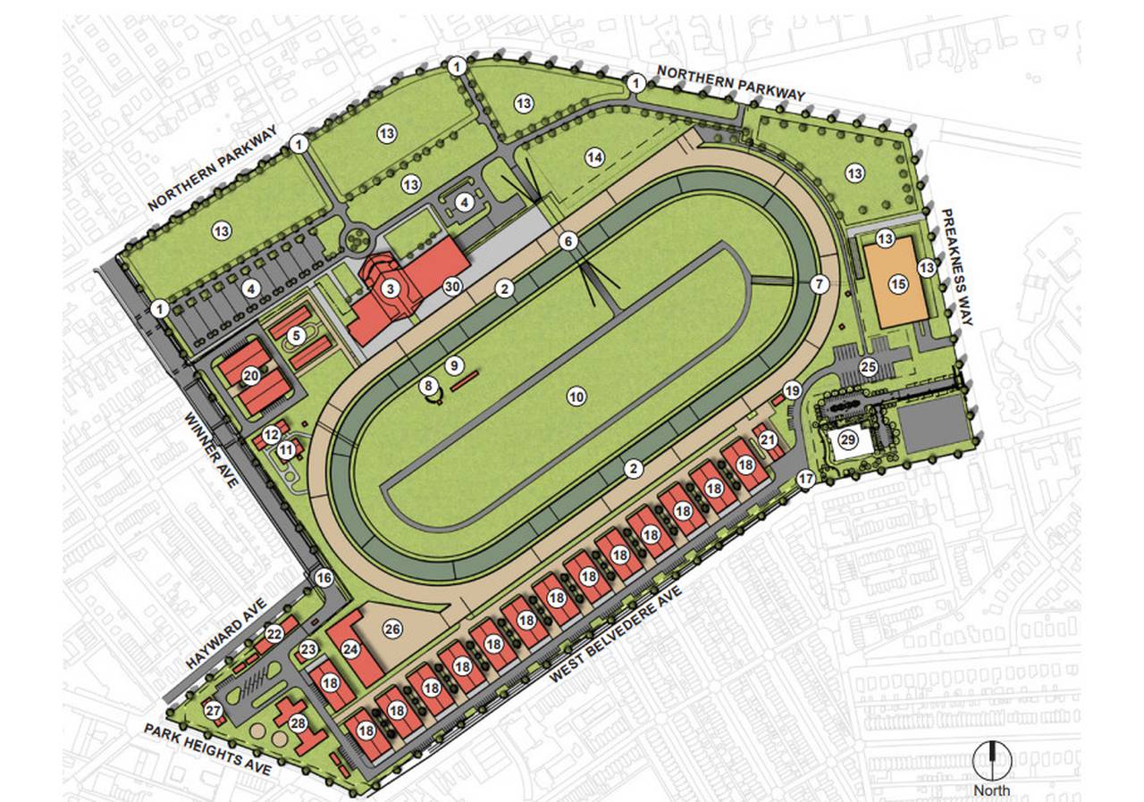 A map of the proposal to renovate Pimlico Race Course and align the track so it runs parallel with North Avenue.