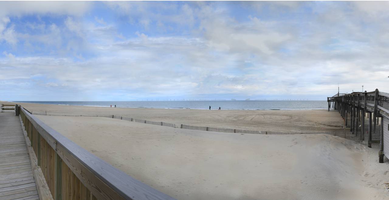 A simulation of what the Maryland Offshore Wind Project could look like once it is fully built out, viewed from the Ocean City boardwalk.