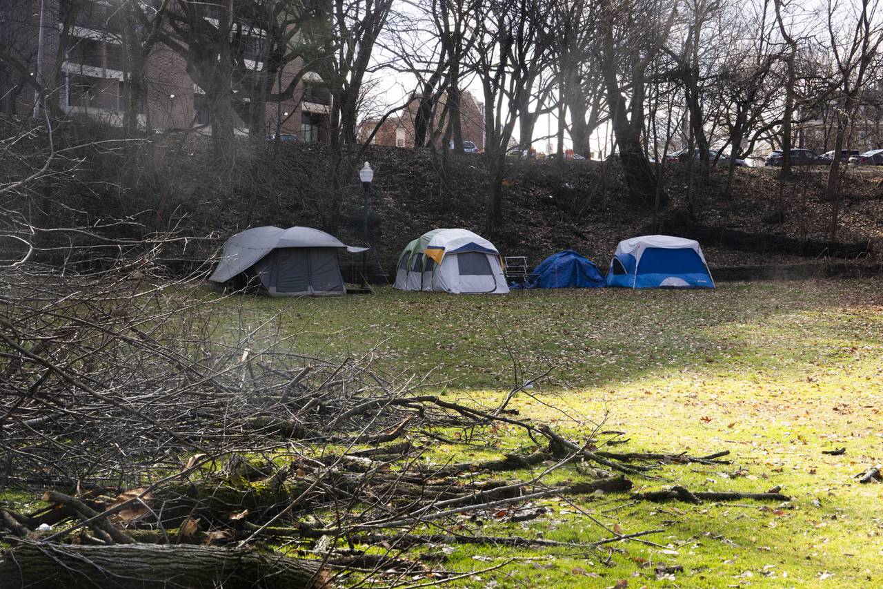 There is a rotating homeless encampment in Wyman Park Dell, most live in makeshift tents.