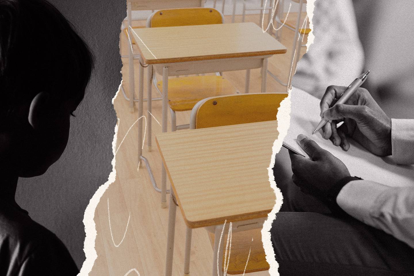 Photo collage showing silhouette of young forlorn boy, school desks, and therapist taking notes on clipboard.