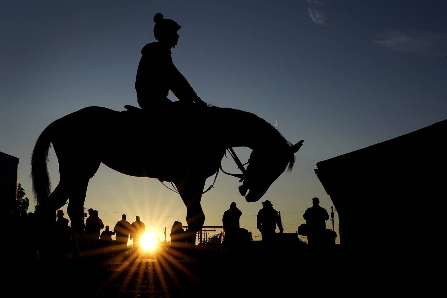 A horse comes off the track after a workout as the sun rises at Churchill Downs Wednesday, May 3, 2023, in Louisville, Ky. The 149th running of the Kentucky Derby is scheduled for Saturday, May 6.