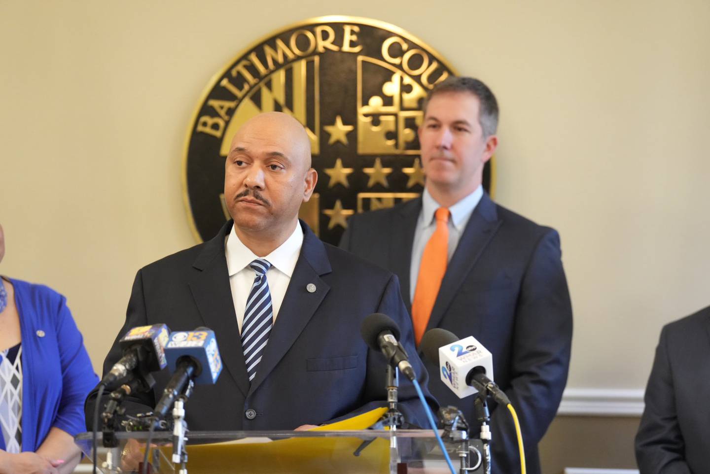 Baltimore County Executive John Olszewski to announces Police Chief Selection, County Council, Robert McCullough inside of the  Baltimore County Historic Courthouse, in Towson, Friday, April 7, 2023.