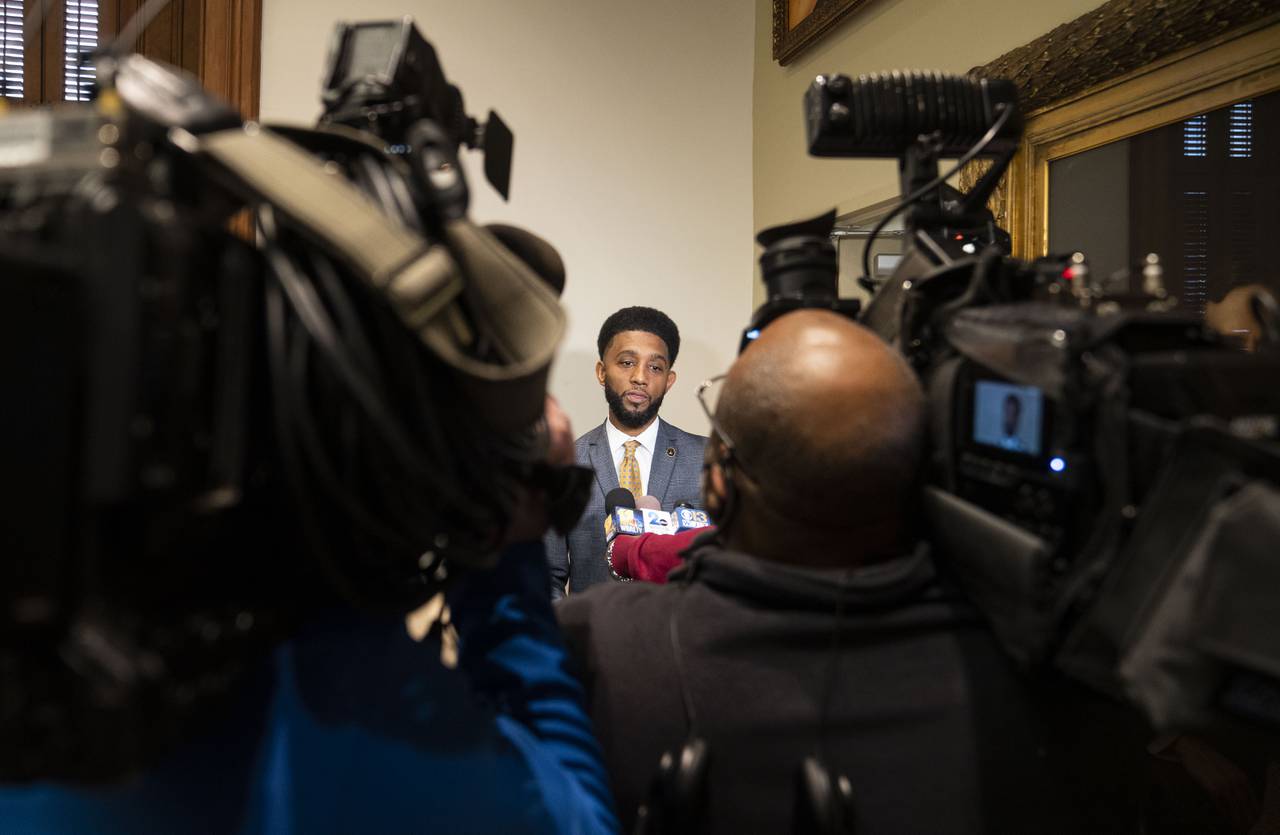 Mayor Brandon Scott speaks to media after the Board of Estimates meeting at City Hall in Baltimore, February 15, 2023.