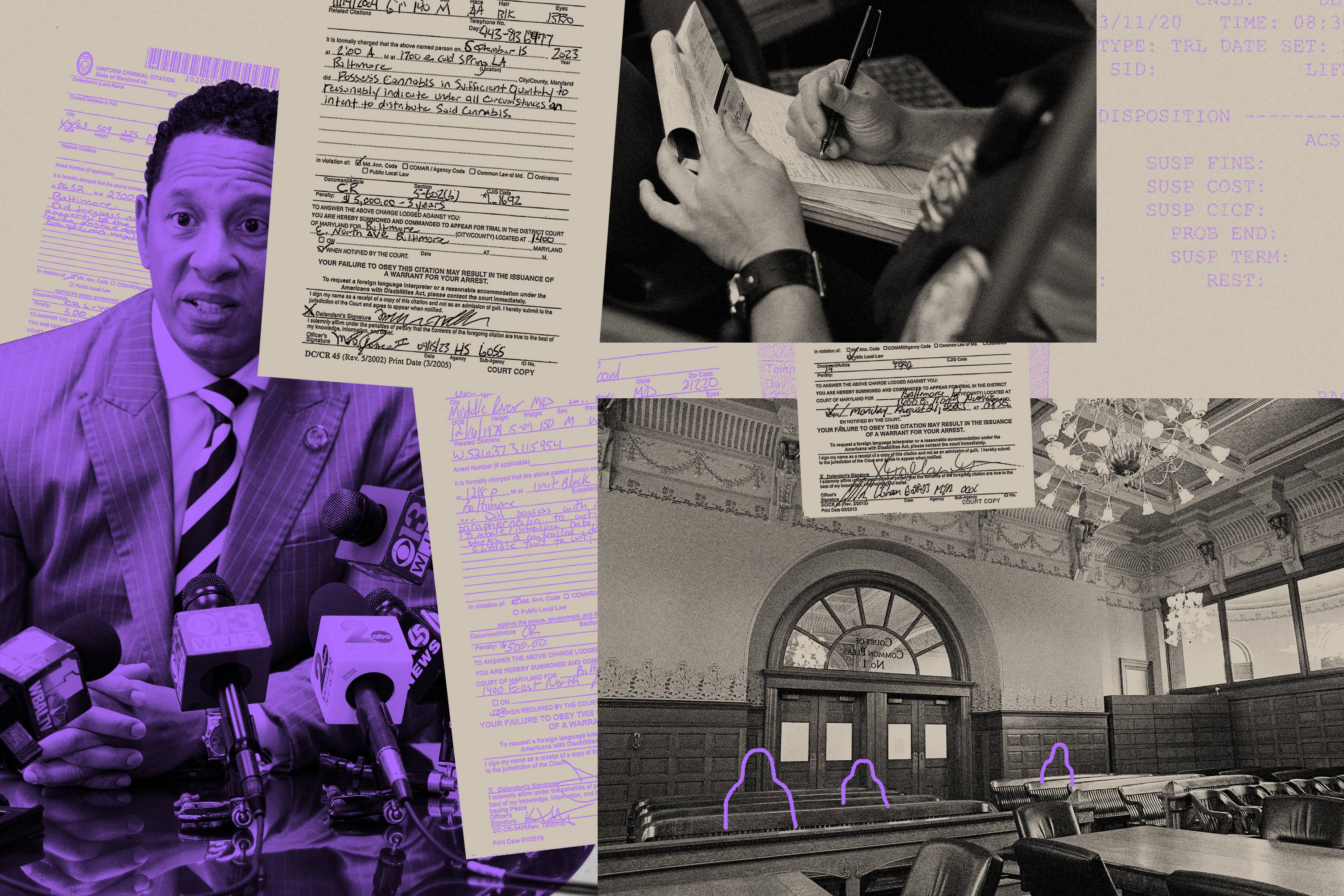 Illustration shows photo of Ivan Bates speaking into microphones on left, officer writing ticket on pad while seated in car, and an empty courtroom with police tickets layered over and between the photos.