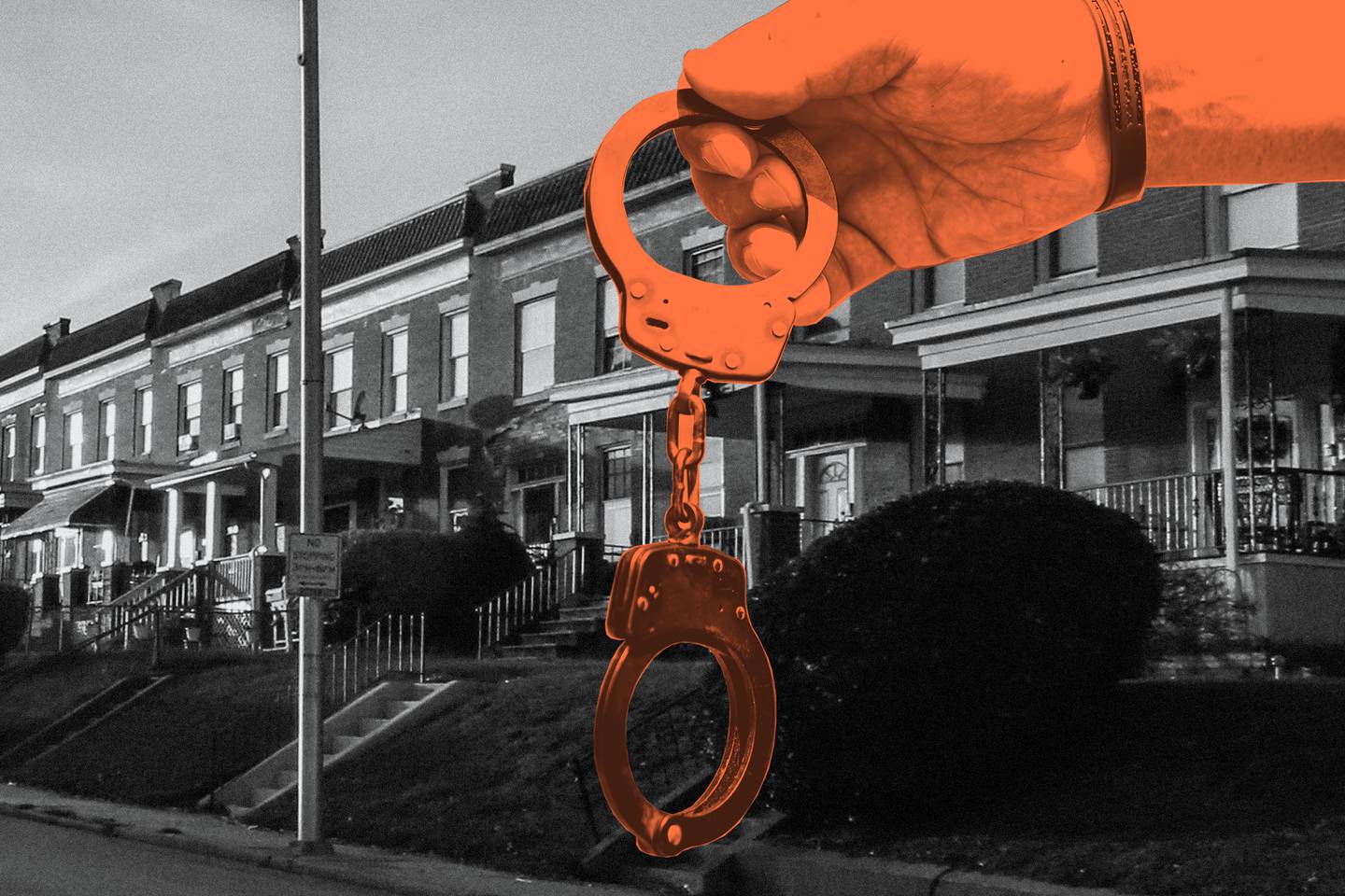 Photo collage of hand holding handcuffs layered over Baltimore row homes in background