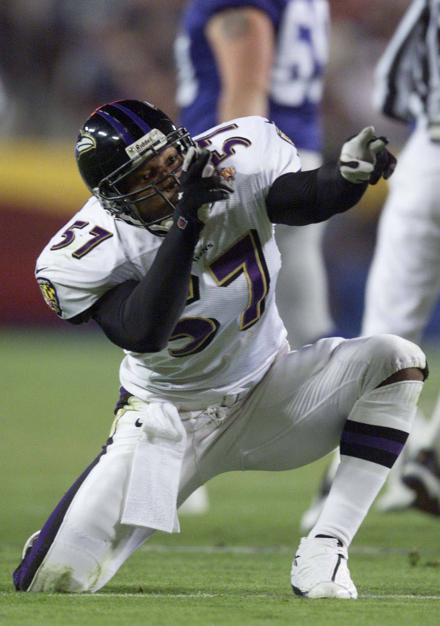 28 Jan 2001: O.J. Brigance #57 of the Baltimore Ravens celebrates a tackle against the New York Giants during Super Bowl XXXV at Raymond James Stadium in Tampa, Florida.  DIGITAL IMAGE. Mandatory Credit: Brian Bahr/ALLSPORT