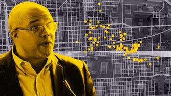 Photo collage shows David Bramble on left, with map of Baltimore and photographs of row houses in background. Many bright yellow circles mark specific locations on the background map.