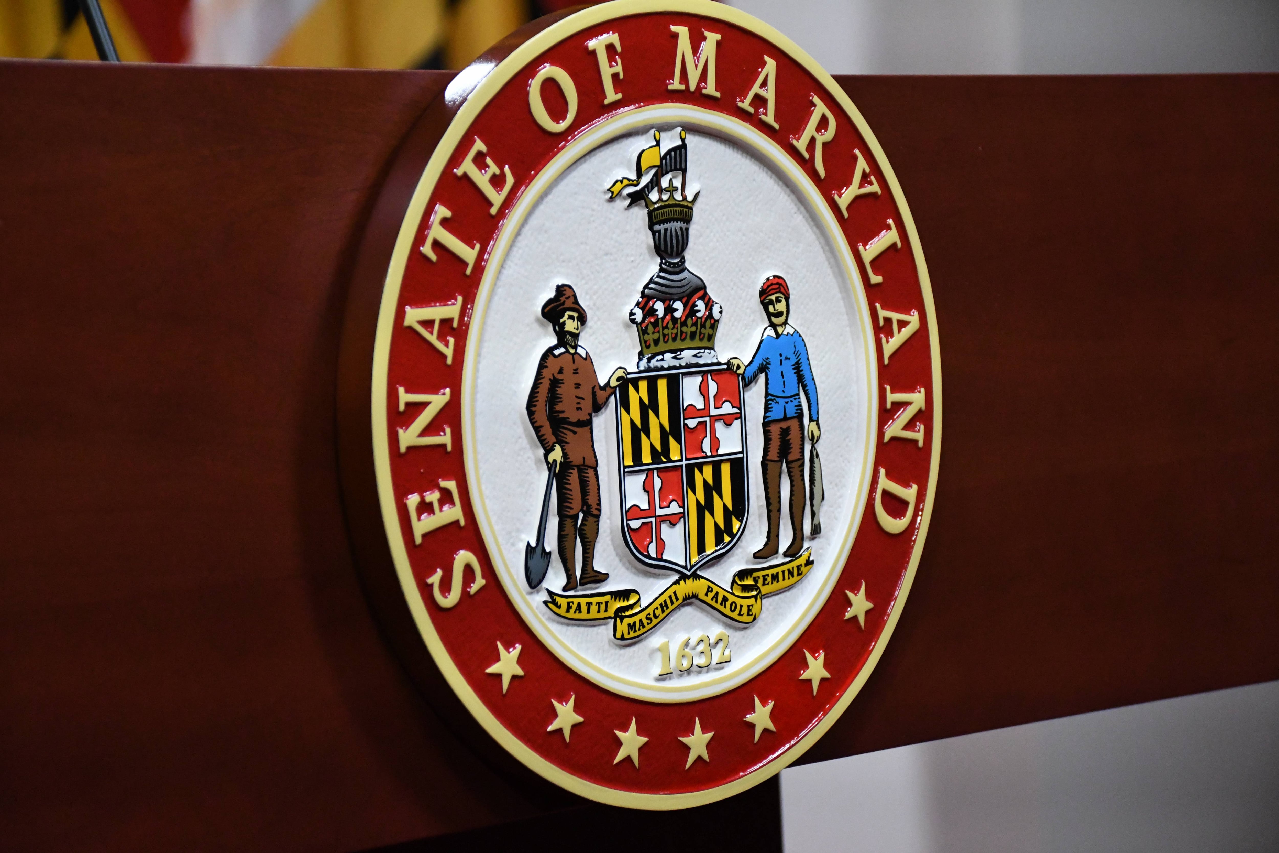 The seal of the Senate of Maryland on a podium in the Miller Senate Office Building in Annapolis.