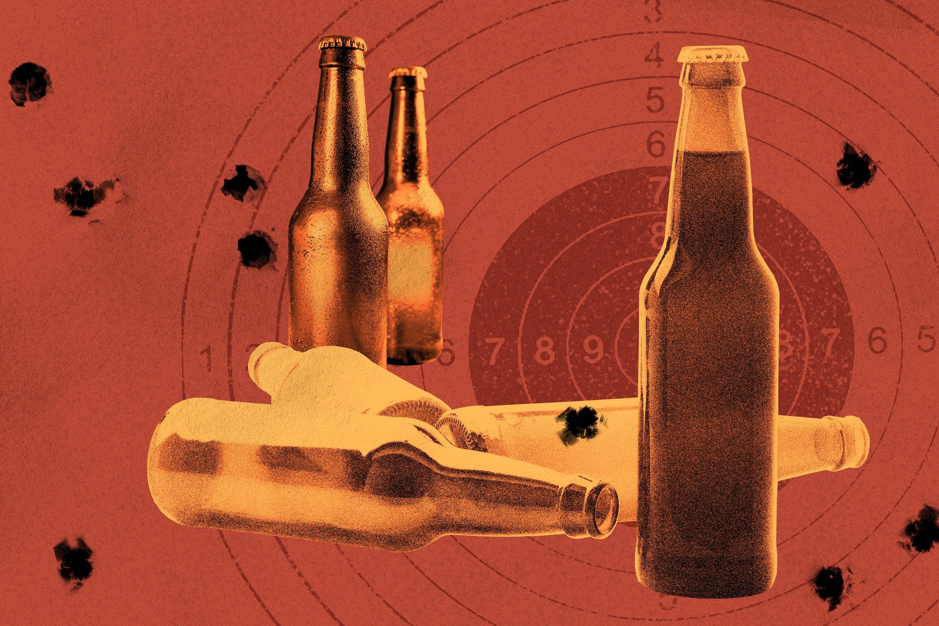 Photo collage showing numerous beer bottles against a shooting target in the background, with bullet holes scattered across the image.