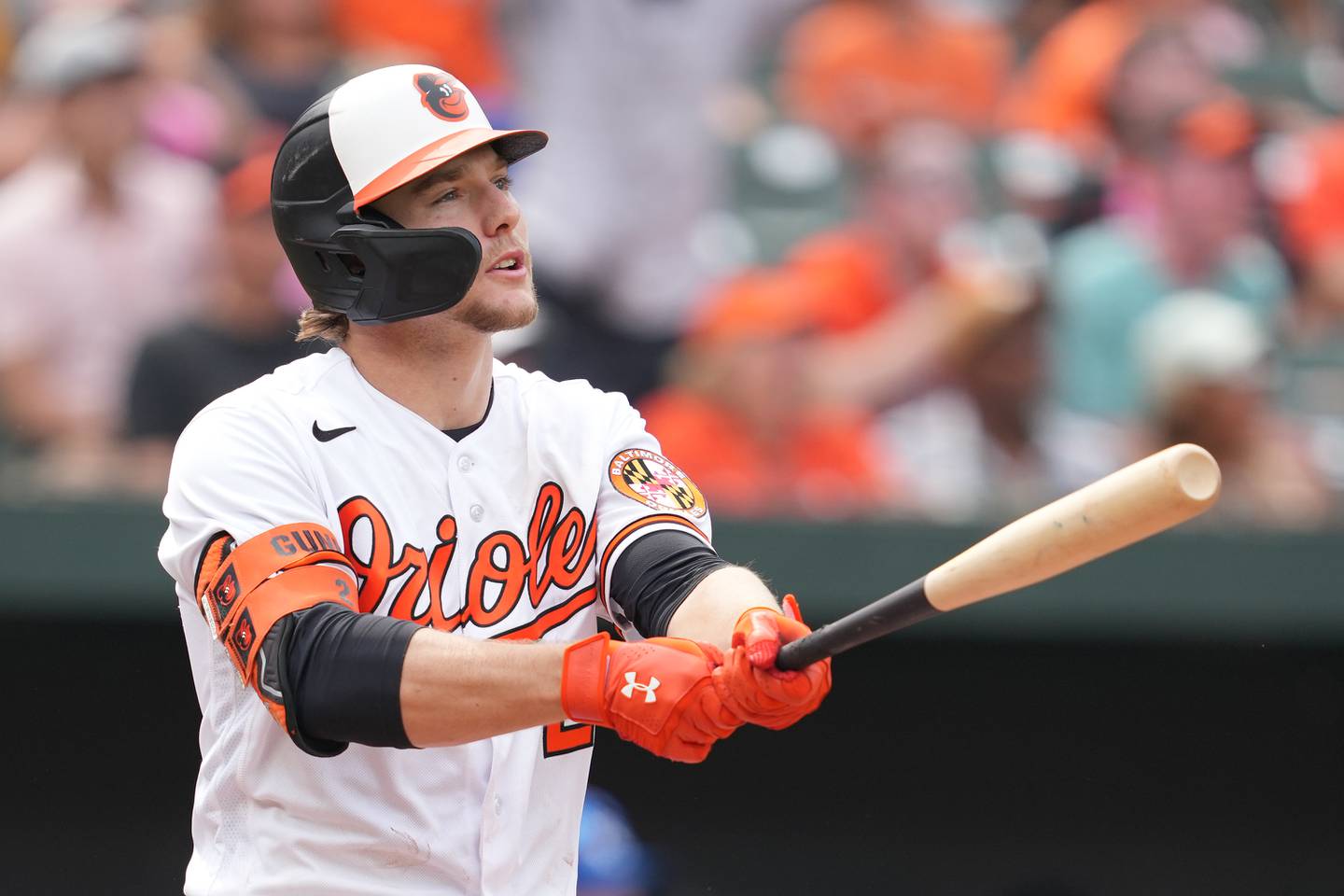 BALTIMORE, MARYLAND - JUNE 11:  Gunnar Henderson #2 of the Baltimore Orioles hits a three run home run in the seventh inning during a baseball game against the Kansas City Royals at Oriole Park at Camden Yards on June 11, 2023 in Baltimore, Maryland.