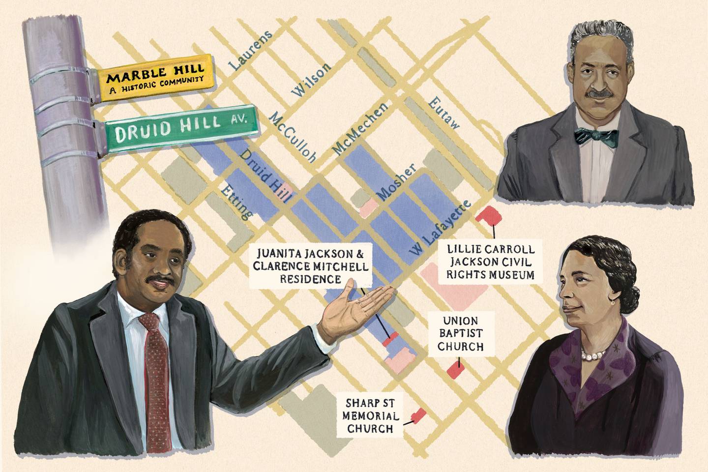 Illustration of Marble Hill historic street sign, Clarence Mitchell, Lillie Carroll Jackson and Thurgood Marshall, with map of Marble Hill neighborhood in background.