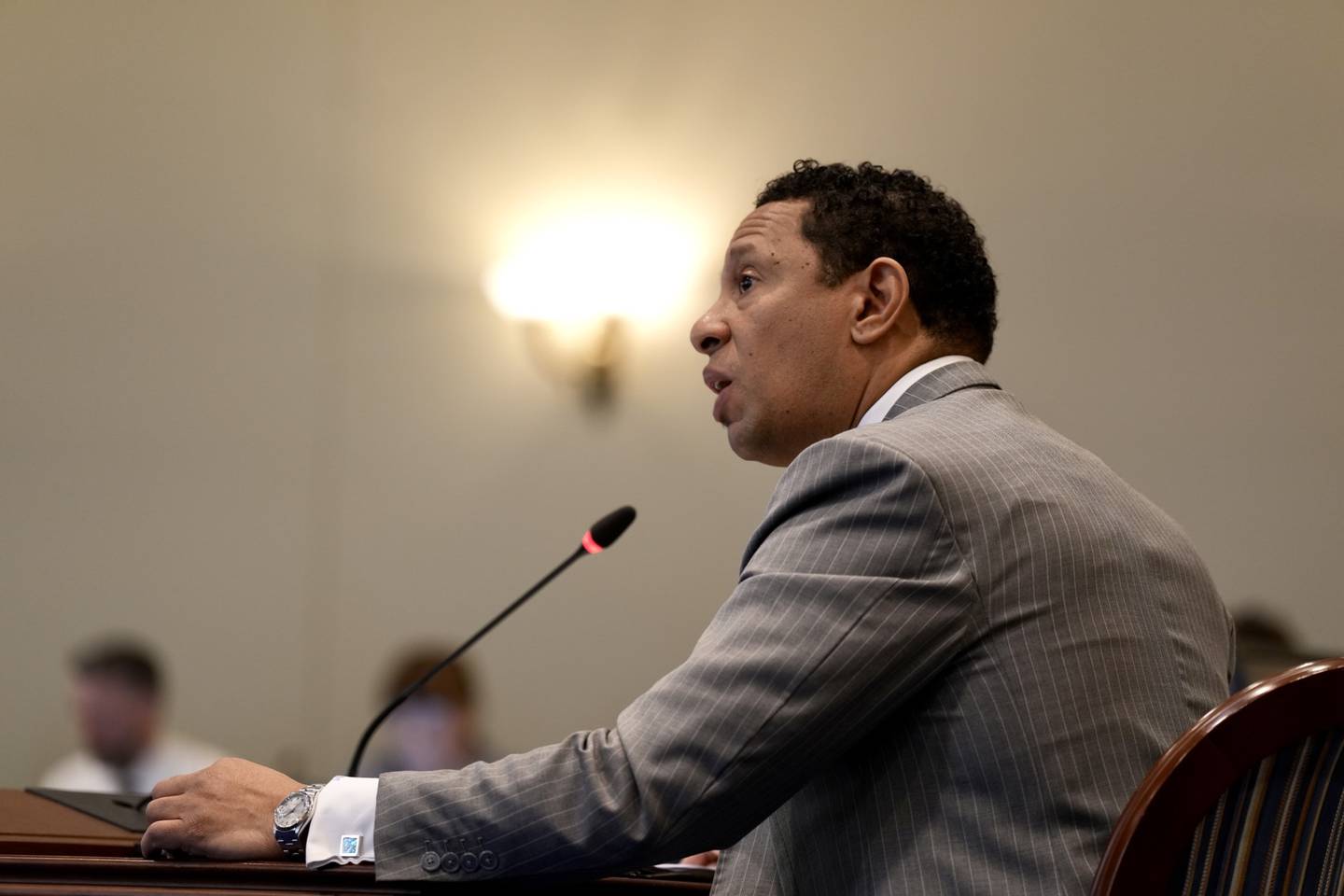 Baltimore City State’s Attorney Ivan Bates testifies in support of Bill HB481 in Annapolis on February 15, 2023.