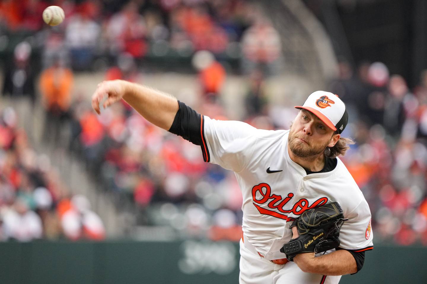 Baltimore Orioles starting pitcher Corbin Burnes (39) delivers a pitch against the Los Angeles Angels on Opening Day at Camden Yards on Thursday, March 28, 2024. The Baltimore Orioles won their first game of the season, 11-3, against the Angels.