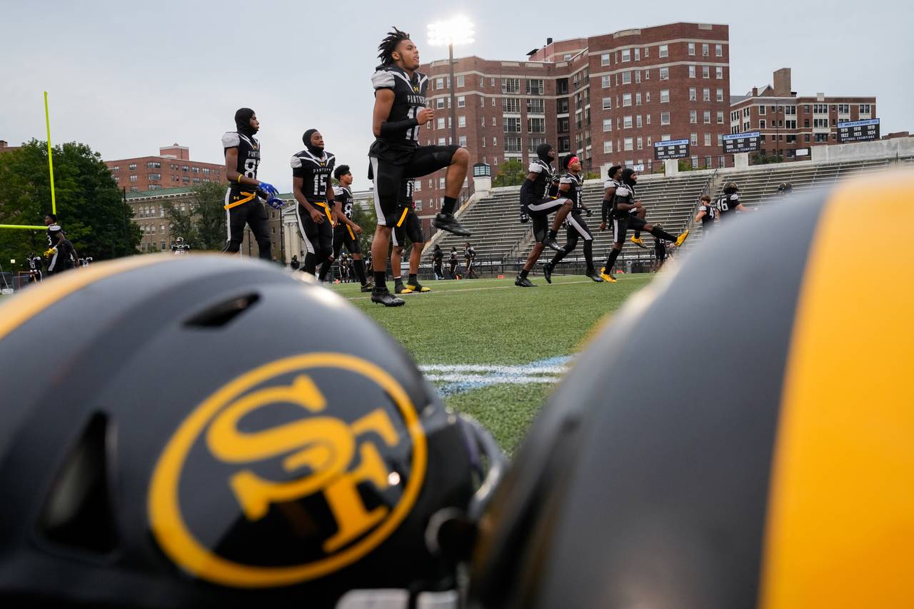 St. Frances warms up before their game against Mater Dei at Homewood Field in Baltimore, Md. on Friday, Sept. 22, 2023.