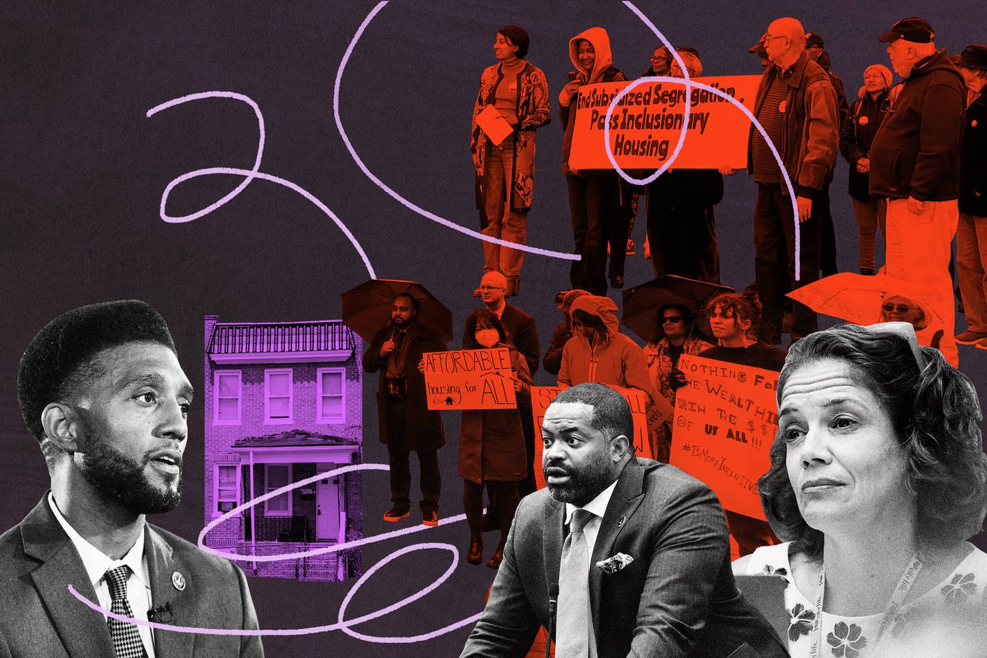 Photo illustration shows Mayor Brandon Scott on left side of image, facing two groups of activists demonstrating, Council President Nick Mosby and Councilwoman Odette Ramos on right side of image, facing him. In between Mayor Scott and the others is one Baltimore row house in purple.