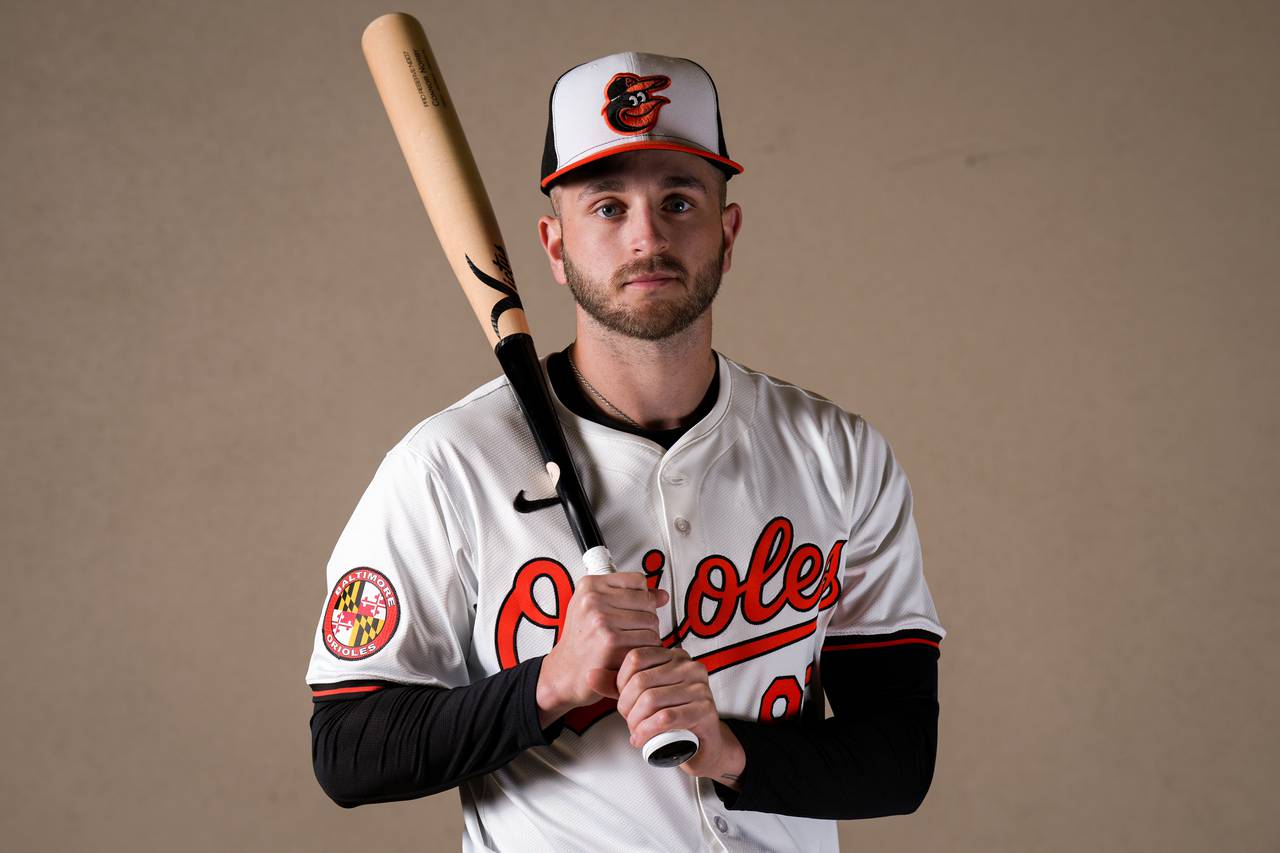 Baltimore Orioles infielder Connor Norby (85) poses for a portrait during the Baltimore Orioles’ team picture day during spring training at Ed Smith Stadium on February 21, 2024.
