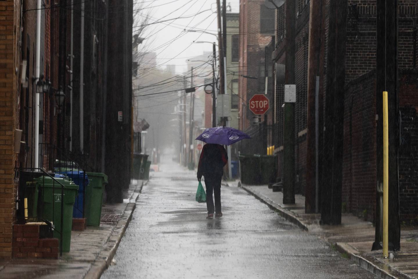 A person holding an umbrella walks down an alley in the rain.