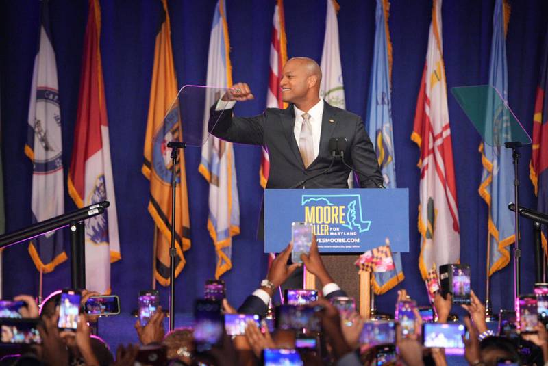 Wes Moore addresses the crowd and declares victory as the first Black governor for the state of Maryland at the 2022 Democratic election night party.
