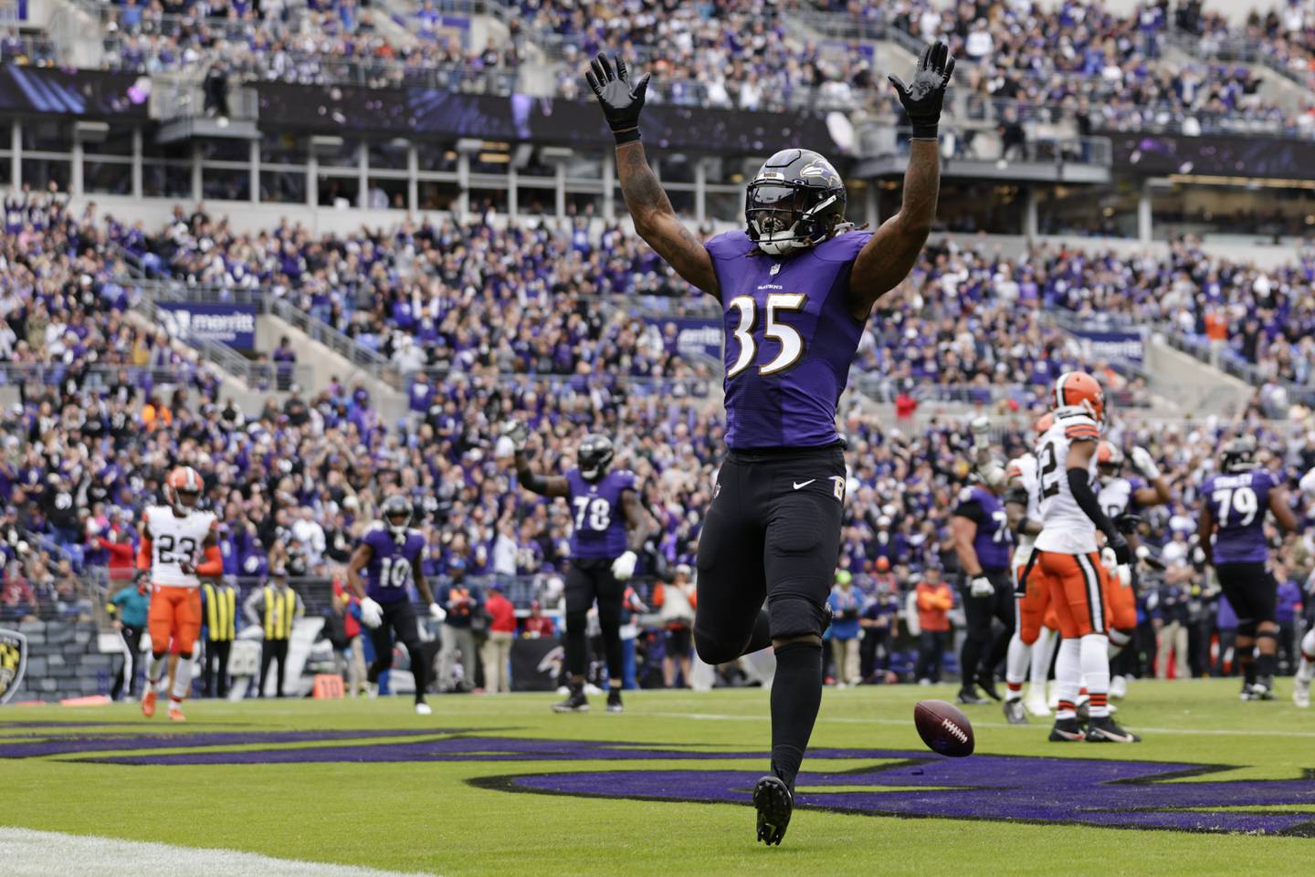 Baltimore Ravens running back Gus Edwards (35) celebrates after scoring a touchdown on a 7 yard run during the second quarter against the Cleveland Browns in an NFL football game, Sunday, Oct. 23, 2022, in Baltimore.