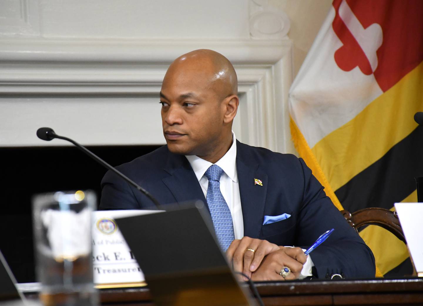 Gov. Wes Moore listens during a meeting of the Maryland Board of Public Works at the State House in Annapolis on Wednesday, March 13, 2024.