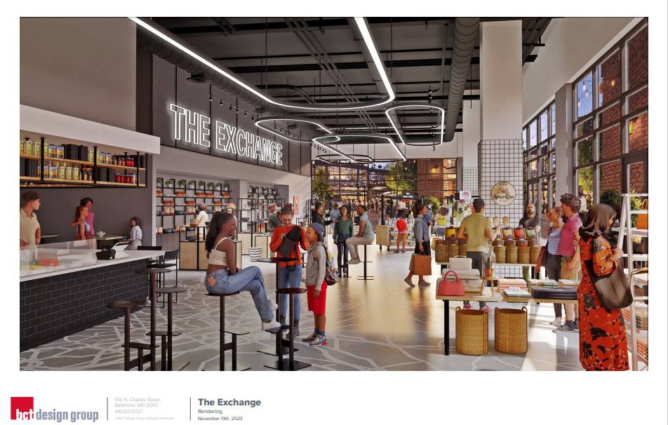 A rendering of the the Exchange, which will open in the ground floor of Rye Street Market in Baltimore Peninsula. It's envisioned as a marketplace for small and local businesses to set up shop.