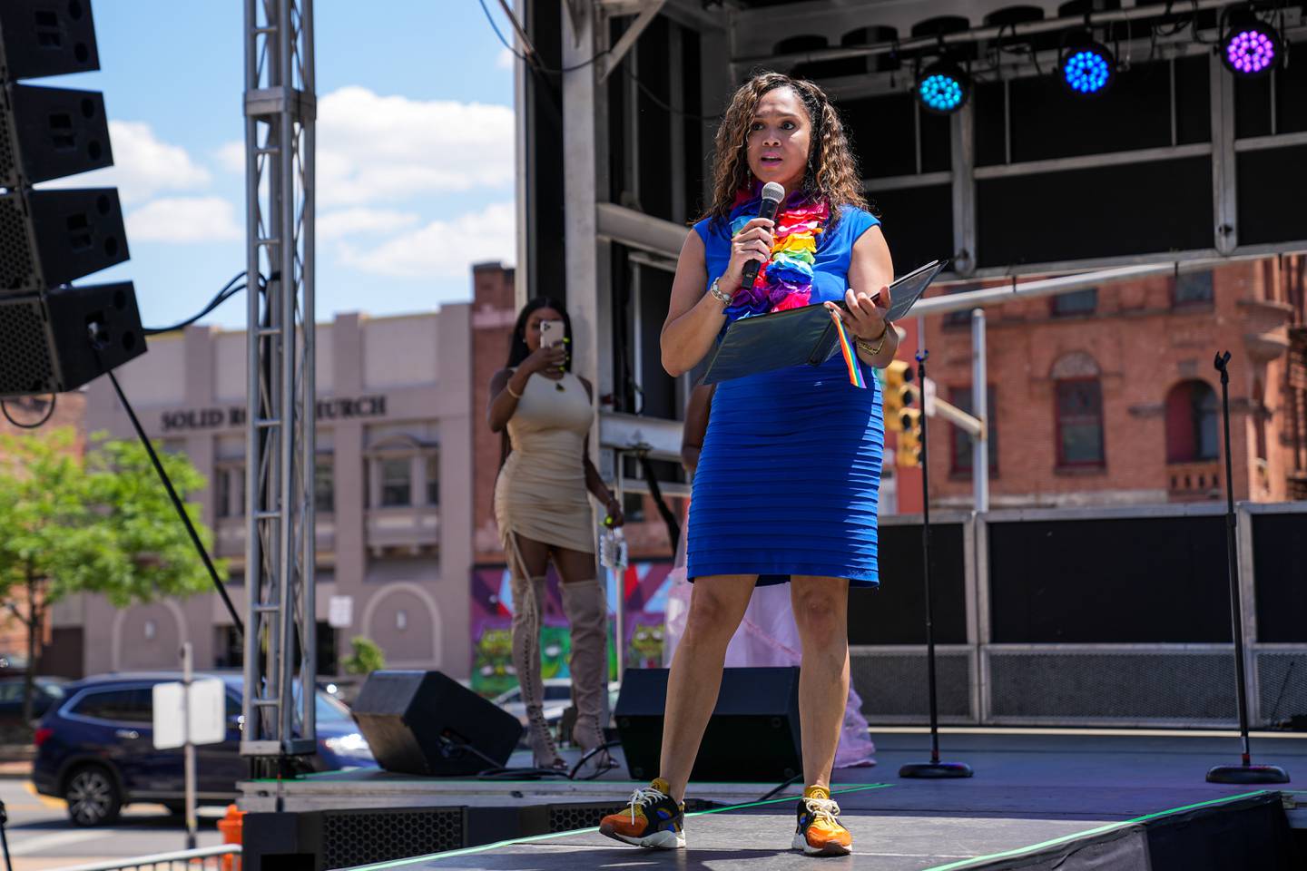 Baltimore City State’s Attorney Marilyn Mosby gives a speech on June 4 at Baltimore Trans Pride 2022.