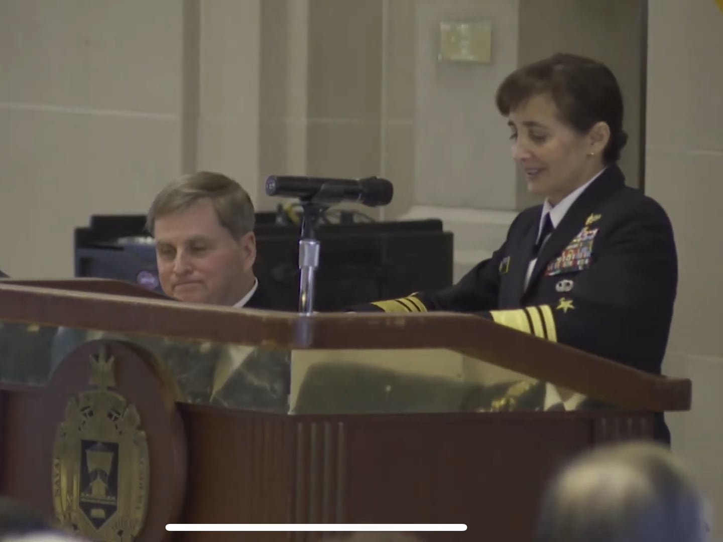 Vice Admiral Yvette Davids addressed an audience at a change of command ceremony at the U.S. Naval Academy on Jan. 11, 2023. To her left is Rear Adm. Fred Kacher, who served as interim superintendent.
