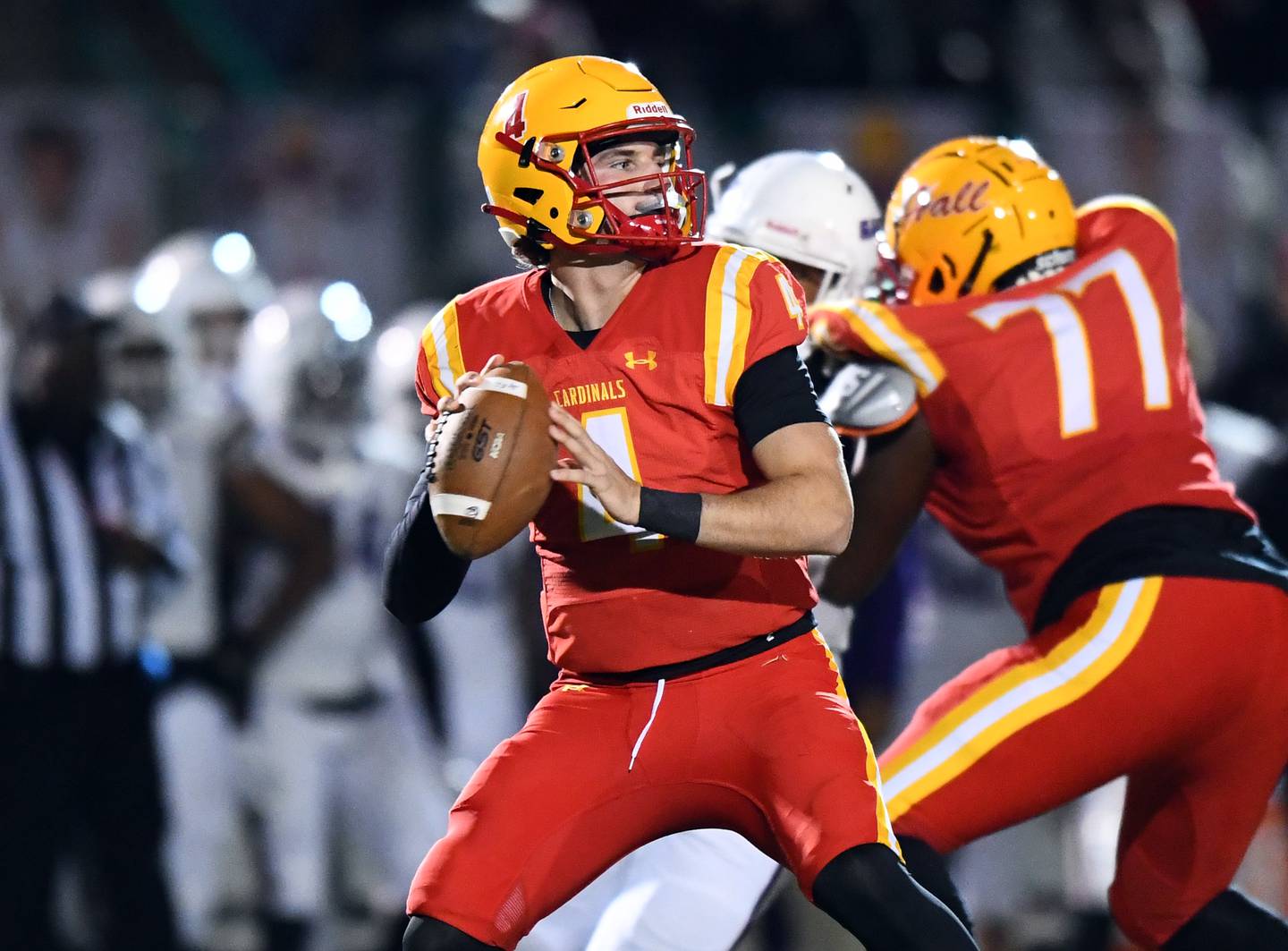 Calvert Hall senior quarterback Noah Brannock sets to throw during Friday's 33-22 loss to Mount St. Joseph in MIAA A Conference action.