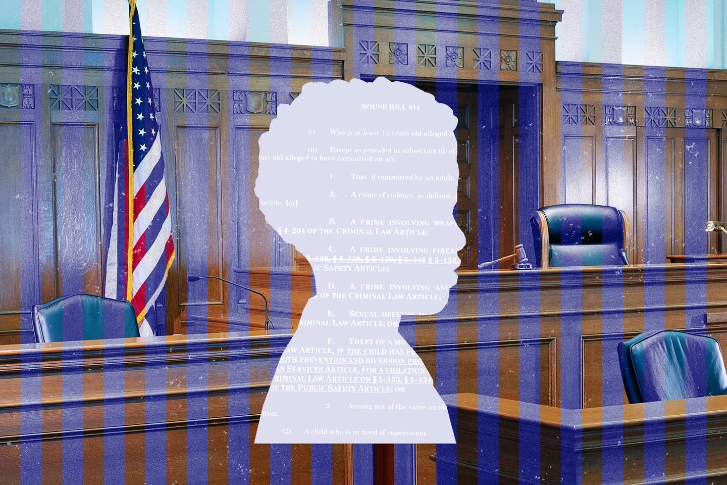 Photo collage of silhouette of young boy’s head and shoulders, with photo of court room with American flag and empty judge’s seat in background.