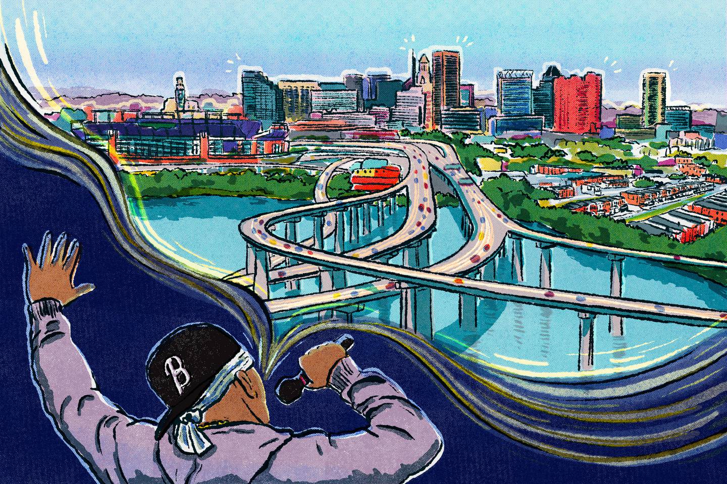Illustration showing Black male performer wearing a backwards baseball cap and singing into a microphone, with cityscape of Baltimore emerging from his lips, showing highways all going into the city.