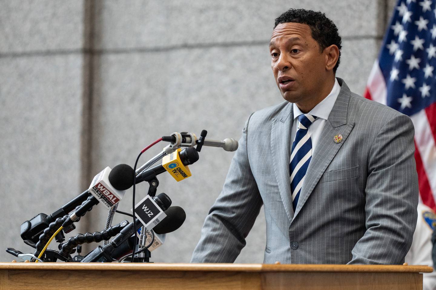 State's Attorney for Baltimore City Ivan J. Bates speaks during a press conference about the killing of Pava LaPere at BPD headquarters on Tuesday, Sept. 26, 2023. LaPere, 26, was found slain in her Mount Vernon apartment Monday morning.