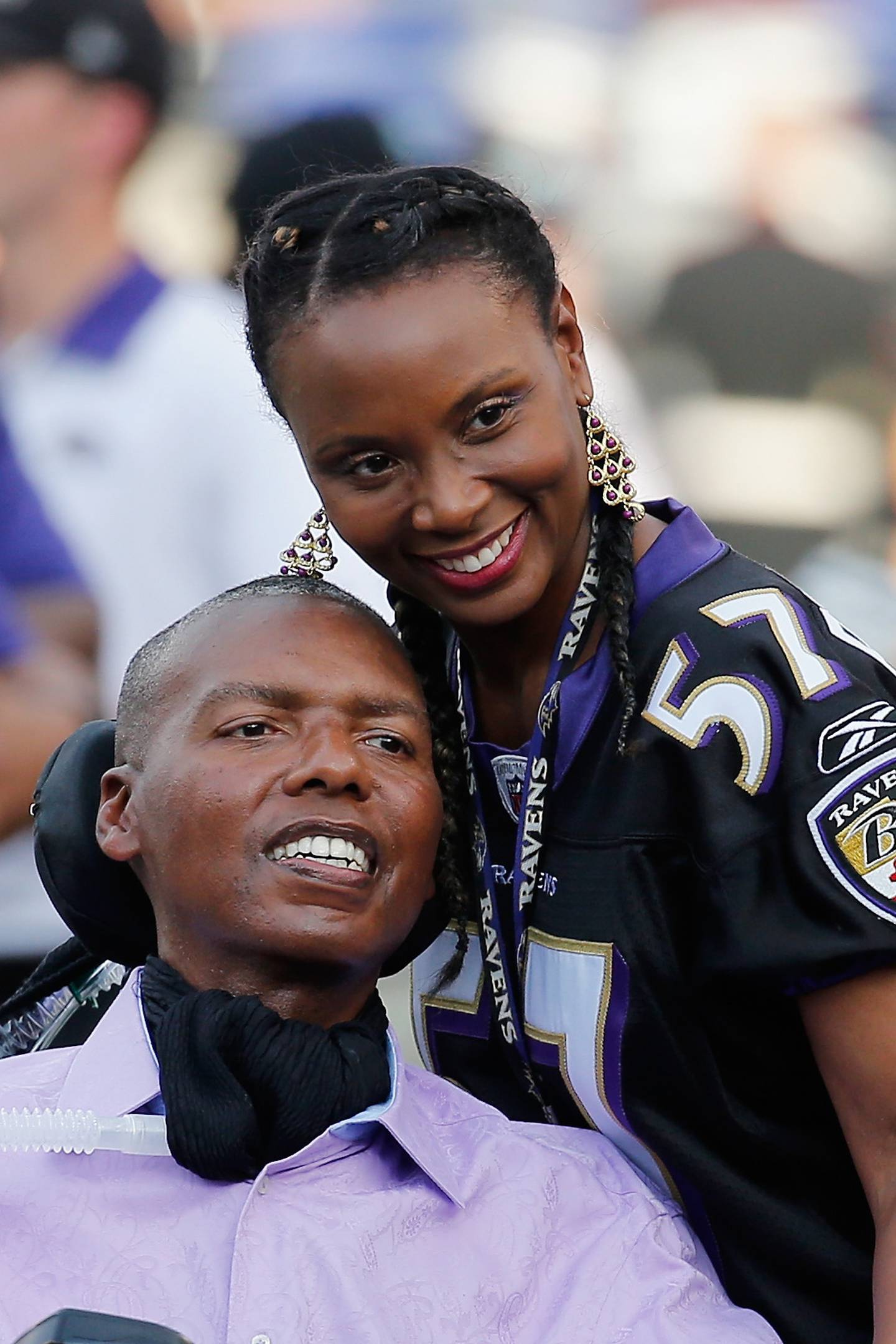 BALTIMORE, MD - AUGUST 13: Former Baltimore Ravens player O.J. Brigance and his wife Chanda pose for a photo before the start of a preseason game between the Ravens and New Orleans Saints at M&T Bank Stadium on August 13, 2015 in Baltimore, Maryland.  (Photo by Rob Carr/Getty Images)