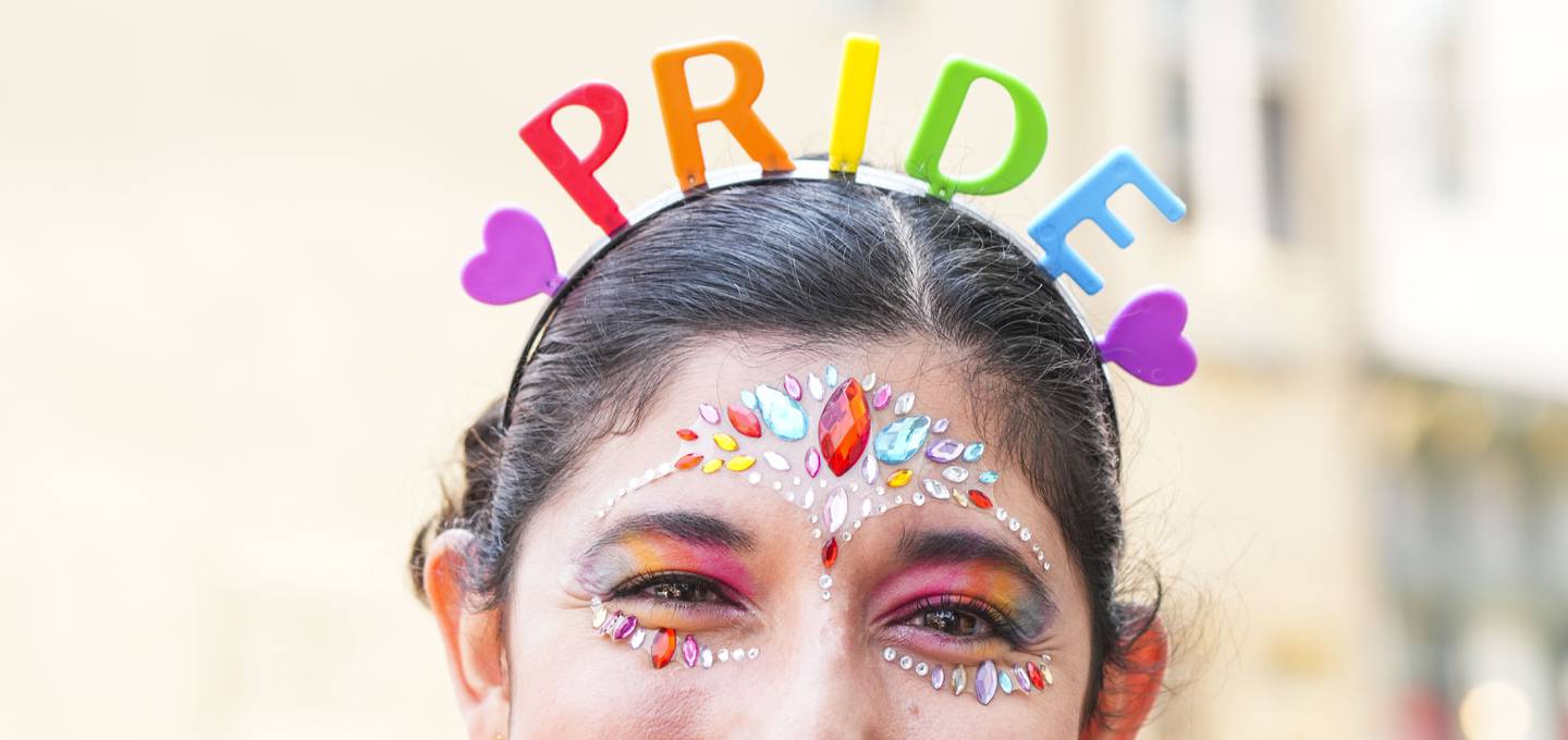 Maria Jose Gullett, 30, shows off her rainbow makeup at Annapolis Pride parade and festival on June 3, 2023.