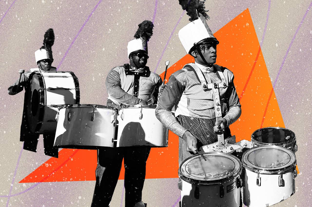 Photo illustration show three performers in a drum line.