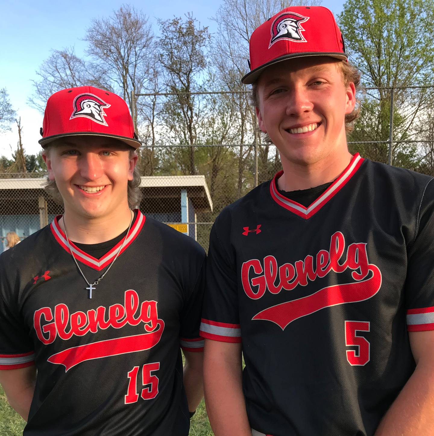 Logan Puscheck (left) and DJ Stolba helped Glenelg maintain a share of first place in the Howard County baseball league Tuesday. Stolba had a home run and drove in 3 runs and Puscheck accounted for the game winning RBI in a 4-run sixth inning rally as the No. 6 Gladiators defeated 10th-ranked River Hill, 8-7, in Clarksville.