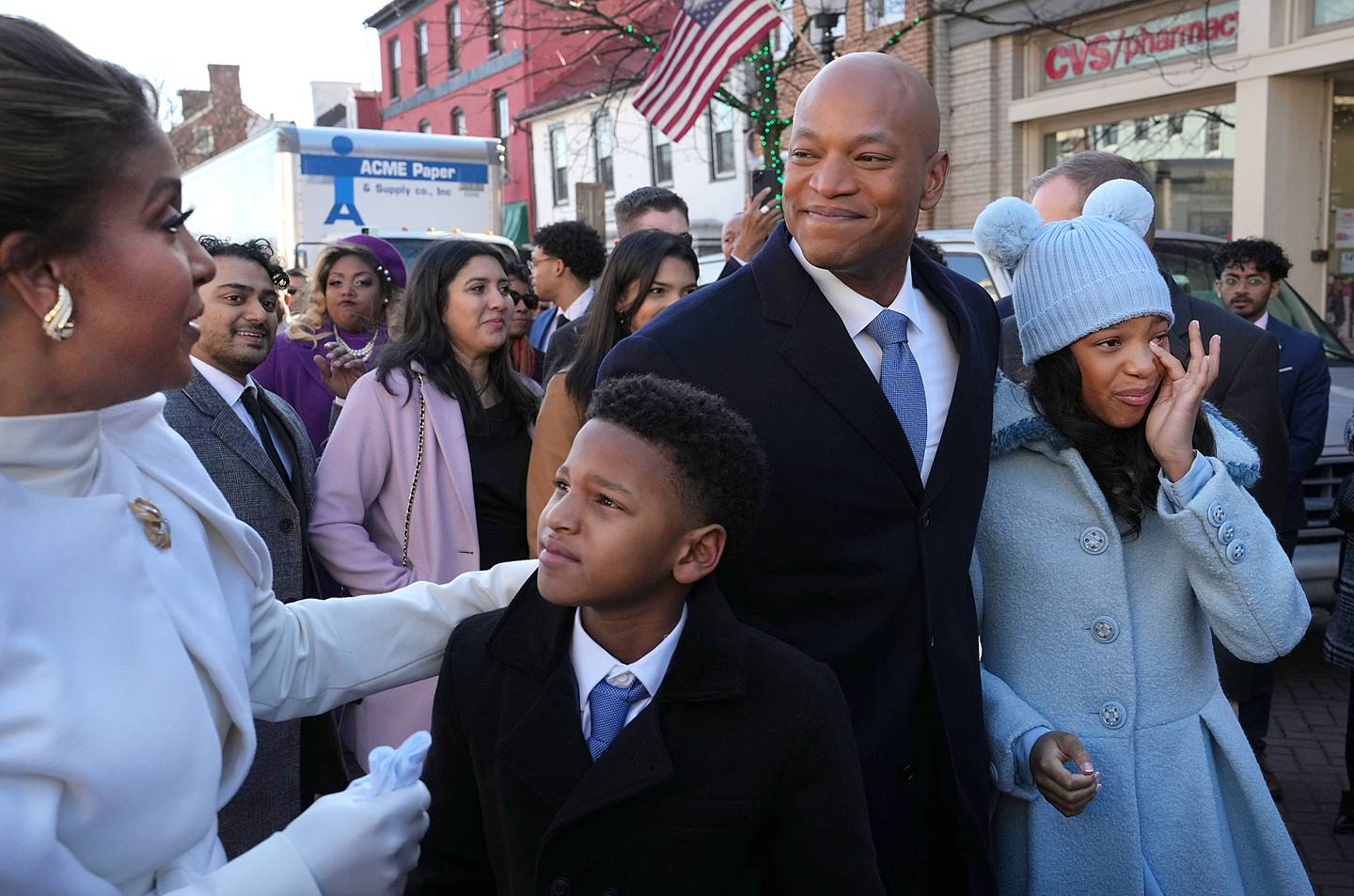 Dawn Flythe Moore, son James Moore, Gov.-elect Wes Moore and daughter Mia Moore depart the Kunta Kinte-Alex Haley Memorial, where they laid a wreath and said a prayer before the governor-elect was sworn in as the first African American governor of the state of Maryland.