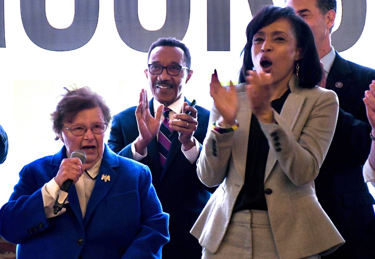 Retired U.S. Sen. Barbara A. Mikulski, left, announces her support of Angela Alsobrooks in the Democratic primary for the U.S. Senate. Mikulski made the announcement at a fundraiser for Alsobrooks at Guilford Hall Brewery in Baltimore on Tuesday, April 30, 2024.