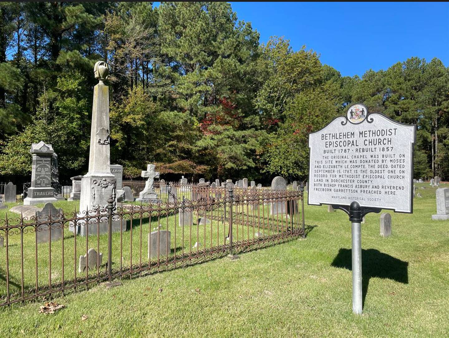 At Bethlehem Methodist Episcopal Church on Taylor’s Island, an MDOT sign notes that it was the oldest Methodist Episcopal Church in Dorchester County. Left unsaid is anything about the church that stood behind Bethlehem for decades, until it burned down, nor the Black cemetery still there.