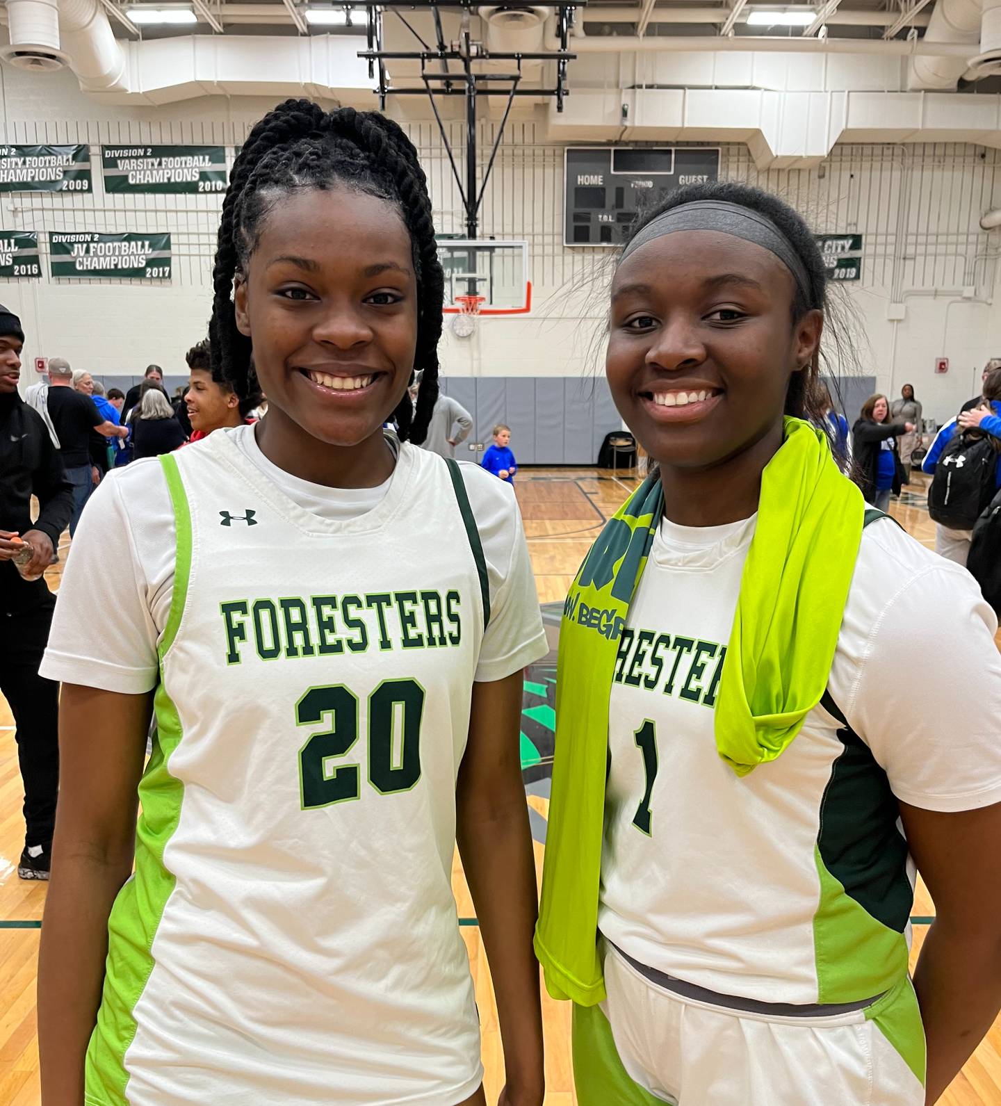 Chaniya Taylor (left) and Aliyah Carroll combine for 29 points Friday for Forest Park girls basketball team's victory over Boonsboro in the Class 1A state quarterfinals. The Foresters will play Snow Hill or Mountain Ridge in a state semifinal match Tuesday or Wednesday.