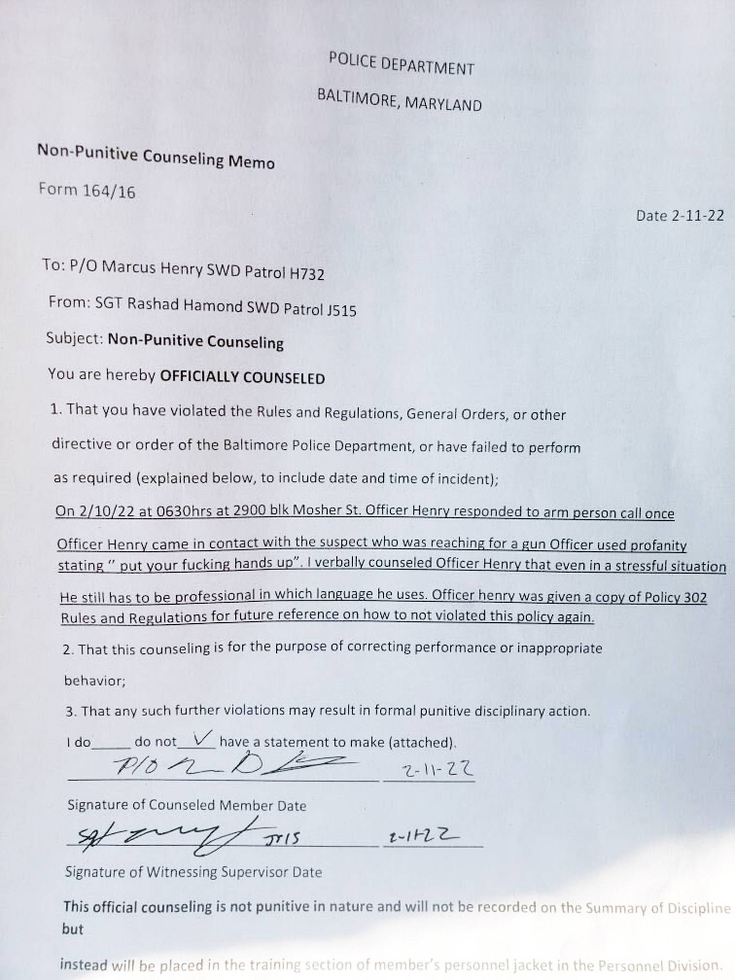 Marcus Henry left the BPD this month after 17 years, saying manpower shortages create an officer safety issue, which creates a public safety issue. Here, he displays a disciplinary form for using unprofessional language towards an armed person. The complaint was generated internally from a review of body camera footage.