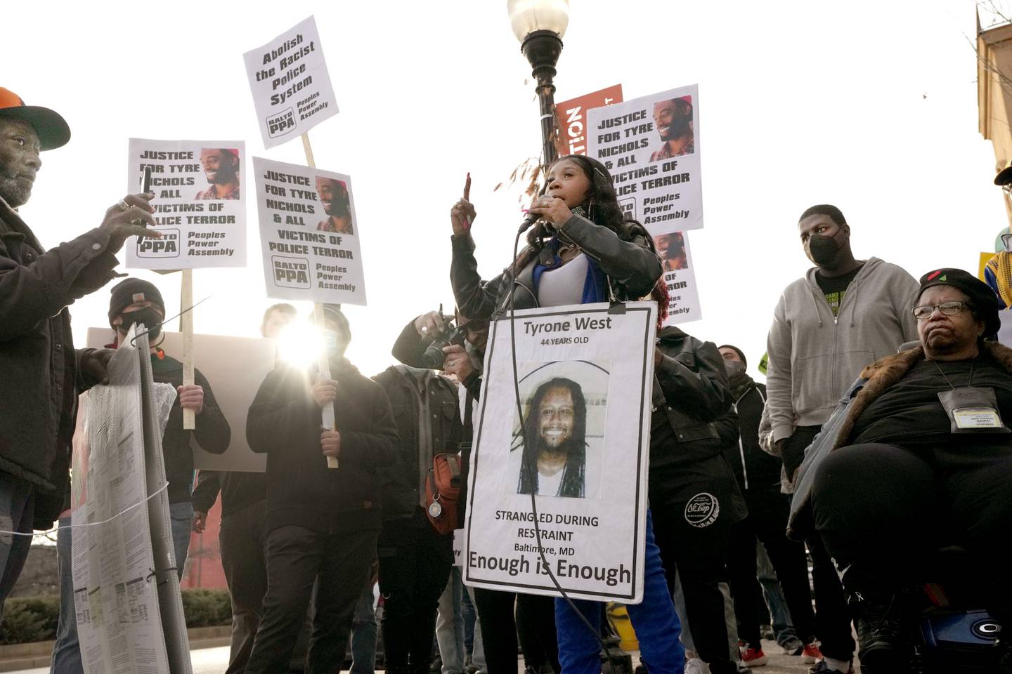 Tawanda Jones, sister of Tyrone West, speaks out on police brutality at a rally for Tyre Nichols on the corner of North Avenue and North Charles Street on January 28, 2023.