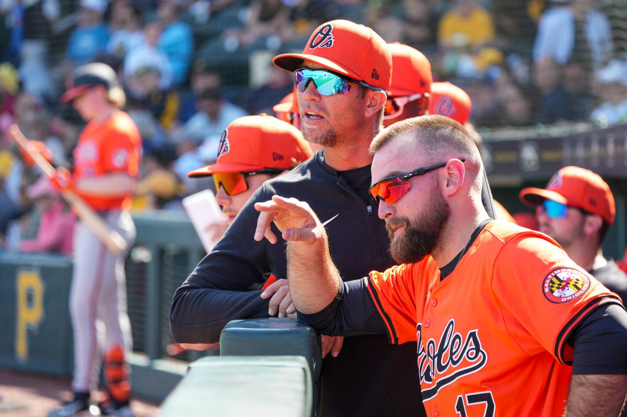 Baltimore Orioles center fielder Colton Cowser (17) watches his teammates from the dugout during a Grapefruit League game against the Pittsburgh Pirates at LECOM Park on February 25, 2024. The Orioles beat the Pirates, 2-0, during Sunday’s game.