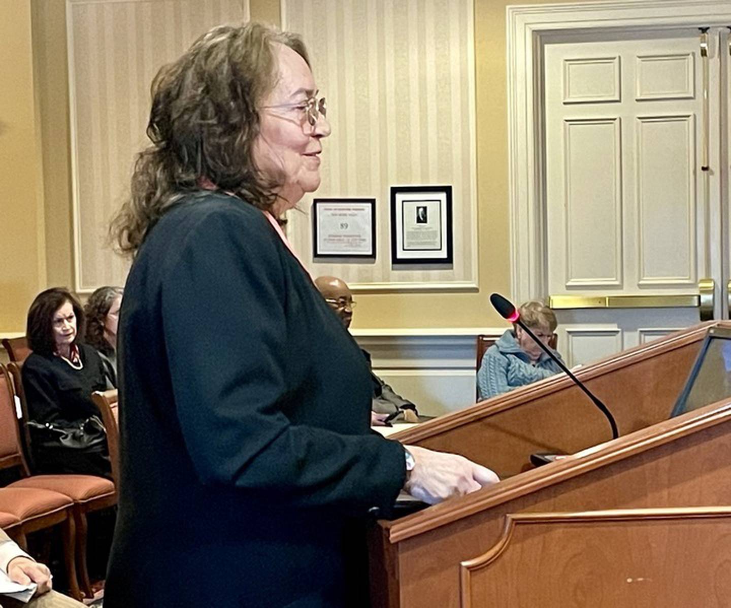 Diane Butler, a nominee for the Maryland State Board of Elections, appears before the Senate Executive Nominations Committee in Annapolis on Monday, March 11, 2024.