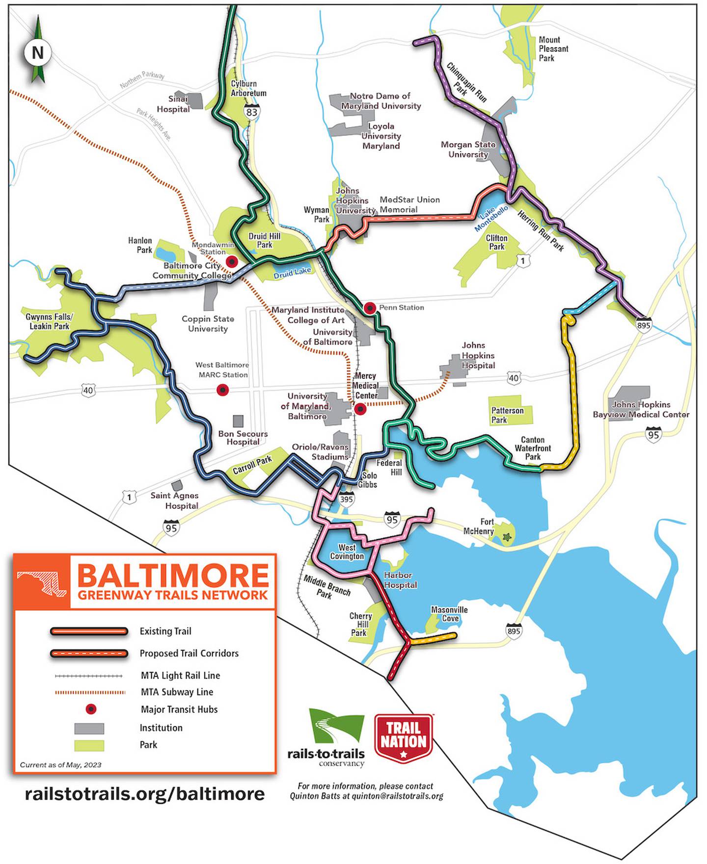 A map of Baltimore City that shows where the different parts of the Baltimore Greenway Trails Network are.