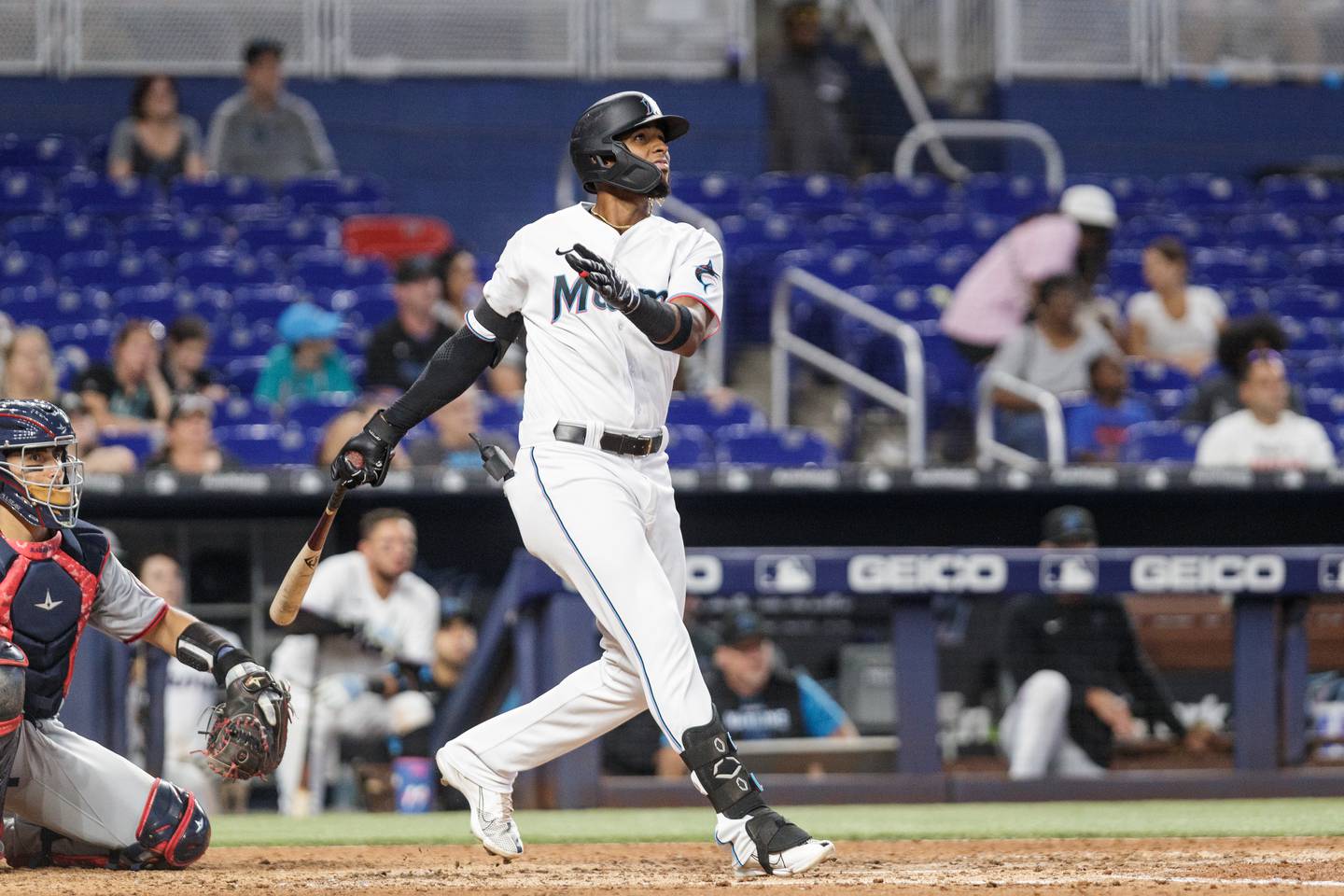 Lewin Díaz of the Miami Marlins hits a home run during the eighth inning against the Washington Nationals at loanDepot park on September 25, 2022 in Miami, Florida.