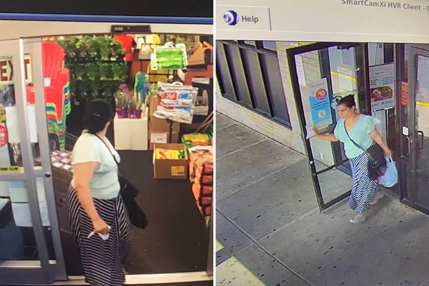 (left) A video still showing a couple purchasing almost $1,200 in baby formula using SNAP benefits. (right) A video still of a woman leaving from the CVS in Seat Pleasant.